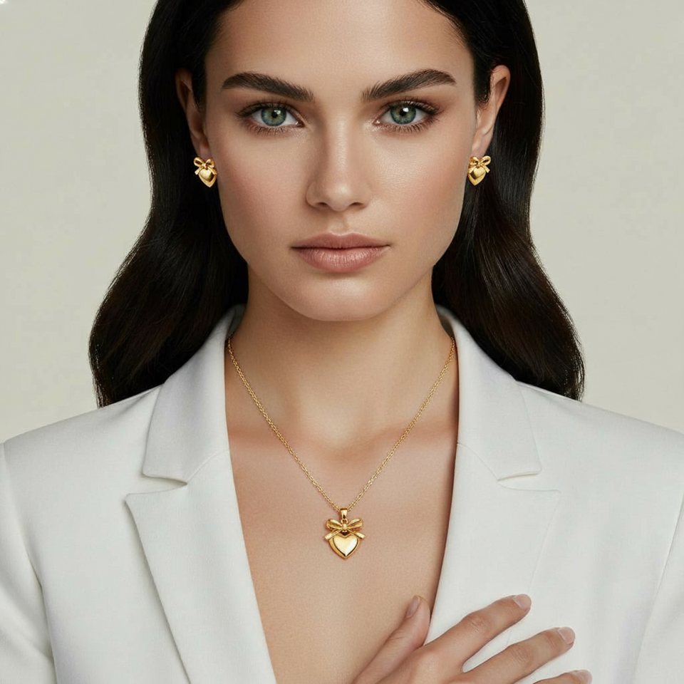 Heart & Bow shape Earstuds, Braclelet and Pendant