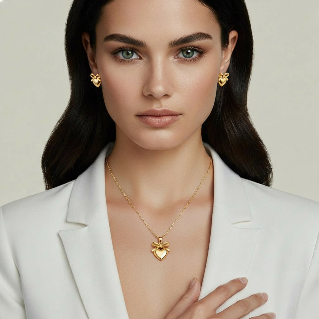 Heart & Bow shape Earstuds, Braclelet and Pendant