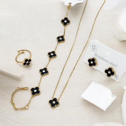 Stainless steel black clove flower pendant-bracelet-studs set