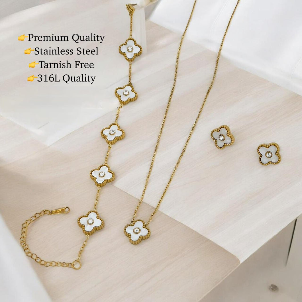 Stainless steel white clove flower pendant-bracelet-studs set