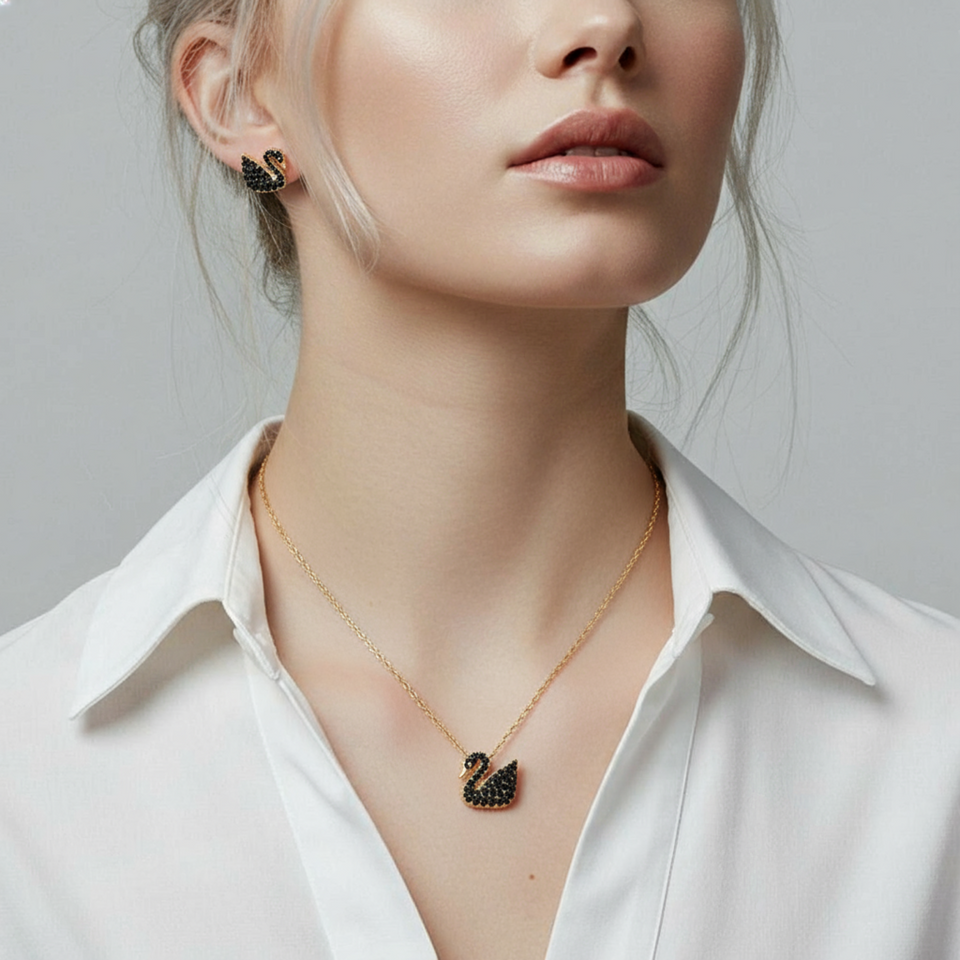 Trendy Black swan studs and pendant set